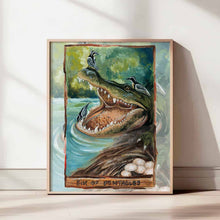 Load image into Gallery viewer, an art print of the six of pentacles tarot card, from the animism tarot deck: a crocodile opens its mouth wide while a plover bird cleans the alligator's teeth and two plovers sit on its head. 
