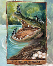 Load image into Gallery viewer, an art print of the six of pentacles tarot card, from the animism tarot deck: a crocodile opens its mouth wide while a plover bird cleans the alligator's teeth and two plovers sit on its head. 
