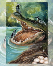 Load image into Gallery viewer, an art print of the six of pentacles tarot card, from the animism tarot deck: a crocodile opens its mouth wide while a plover bird cleans the alligator's teeth and two plovers sit on its head. 
