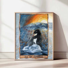 Load image into Gallery viewer, an art print of the six of swords tarot card, from the animism tarot: an Adelie penguin, with her baby, travel on a small iceberg, heading towards land, where hundreds of penguins wait.
