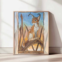 Load image into Gallery viewer, an art print of the six of wands tarot card from the animism tarot deck. a caracal cat stands on a curved tree trunk, as the sun sets.
