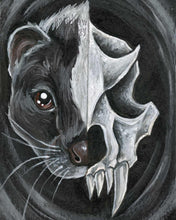 Load image into Gallery viewer, an illustration featuring a split image: the left side, a skunk's face, the right side, its skull
