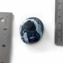 Load image into Gallery viewer, a small beach stone, painted to look like a sleeping baby skunk
