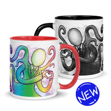Load image into Gallery viewer, The 11 oz Slender Man Love Mug with Colour: white ceramic mug with an illustration of Slender Man forming a heart with his hands, in all the colours of the rainbow, with a red handle and red interior. behind that a second mug, showing it from the other side, featuring the same illustration, mirrored, in black and white. mug has a black interior and black trim.
