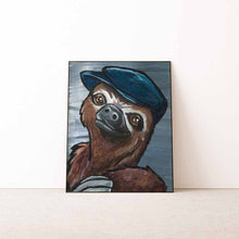 Load image into Gallery viewer, an art print featuring the portrait of a sloth, wearing a navy blue flat cap 
