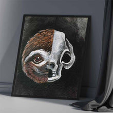 Load image into Gallery viewer, This illustration shows a smiling sloth's face on the left side and a stylized sloth skull on the right side
