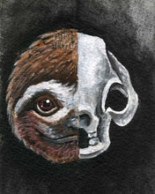 Load image into Gallery viewer, This illustration shows a smiling sloth's face on the left side and a stylized sloth skull on the right side
