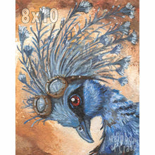 Load image into Gallery viewer, An art print with a portrait of a Victora Crowned Pigeon with steampunk goggles on its head
