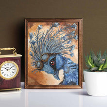 Load image into Gallery viewer, An art print with a portrait of a Victora Crowned Pigeon with steampunk goggles on its head
