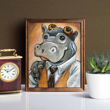 Load image into Gallery viewer, an illustration of a anthropomorphic hippopotamus with blue eyes, wearing a white dress shirt, tan vest, brown striped tie, and steampunk goggles. available as an art print

