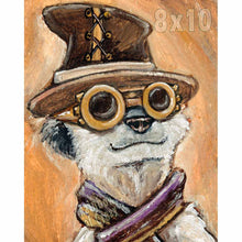 Load image into Gallery viewer, an illustration of a meerkat, dressed in steampunk attire: goggles, scarf, and top hat. available as an art print 
