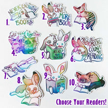 Load image into Gallery viewer, Set of 10 colorful stickers with cat and rabbit characters from Rainbow of Crazy Comics, each are enjoying books.
