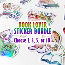 Load image into Gallery viewer, "Book lover sticker bundle. Choose 1, 3, 5, or 10". a variety of stickers featuring animals from Rainbow of Crazy Comics. cats and rabbits are reading books
