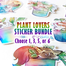 Load image into Gallery viewer, "plant lovers sticker bundle. choose 1, 3, 5, or 6". a variety of stickers featuring rabbit and cat characters from Rainbow of Crazy Comics, each in a potted plant.
