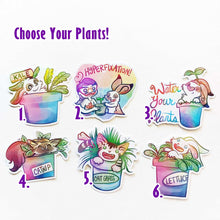 Load image into Gallery viewer, "Choose Your Plants!" 6 stickers featuring rabbit and cat characters from Rainbow of Crazy Comics, each in a potted plant. Designs include a rabbit with kale, a person and rabbit with the text Hyperfixation!, a rabbit with Water Your Plants, a cat with catnip, cat grass, and lettuce.
