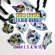 Load image into Gallery viewer, A collage of animal/skull sticker designs with giant black spider legs peeking from the top left corner. Text: 'SKULL LOVERS STICKER BUNDLE'  and 'Choose 1, 3, 6, or 12'.
