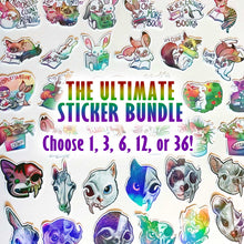 Load image into Gallery viewer, A sticker bundle featuring colourful cartoon animal illustrations and quote stickers. Text reads 'THE ULTIMATE STICKER BUNDLE' and 'Choose 1, 3, 6, or 36!'. 
