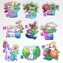 Load image into Gallery viewer, Nine stickers featuring cute cartoon rabbits and cats with a variety of plants. 11) rabbit and kale. 12) cat and cat grass. 13) cat and catnip. 14) rabbit "water your plants" 15) cat and zinnias. 16) rabbit and lettuce. 17) rabbit and sunflower. 18) rabbit and nasturtius. 19) rabbit and pumpkins
