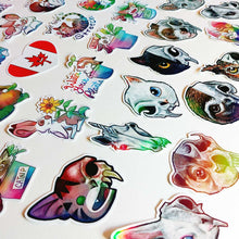 Load image into Gallery viewer, A collection of colourful animal and skull stickers.
