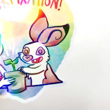Load image into Gallery viewer, A vinyl rainbow holographic sticker featuring characters from Rainbow of Crazy Comics: Heart shaped sticker with the word "HYPERFIXATION!" above a Comic Jo and an English Spot rabbit, both smiling as they tend to a potted plant.
