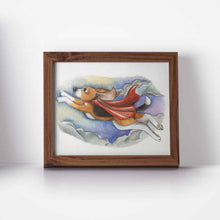 Load image into Gallery viewer, an art print of a beagle dog wearing a red cape, flying through the sky.
