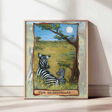 Load image into Gallery viewer, An art print of the ten of pentacles, from the Animism tarot: a zebra and its baby sit down, overlooking an African landscape
