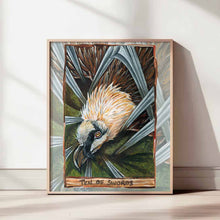 Load image into Gallery viewer, an art print of the ten of swords tarot card, from the animism tarot. a bearded vulture lies helpless under ten swords.
