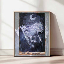 Load image into Gallery viewer, an art print of the chariot tarot card, from the animism tarot: a white horse runs through a dark forest while the crescent moon shines in the night sky
