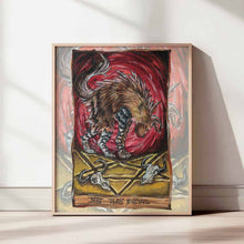 Load image into Gallery viewer, an art print of the devil tarot card, from the animism tarot deck: a brown hyena stands over an inverted pentagram, with two cow skulls at its feet..
