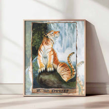 Load image into Gallery viewer, illustration of The Empress tarot card from The Animism Tarot deck, featuring a golden tiger, on a large rock at the base of a waterfall
