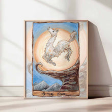 Load image into Gallery viewer, The Fool tarot card from the Animism Tarot: a llama leaps for joy near at the edge of a cliff.
