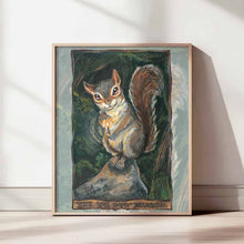 Load image into Gallery viewer, An art print of the happy squirrel tarot card, from the animism tarot: a mischievous looking squirrel sits on a rock in the forest, a lit match in hand.
