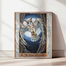 Load image into Gallery viewer, an art print of the high priestess tarot card from the animism tarot: a striped owl, with wings spread, flies in between two trees with the full moon shining behind her.
