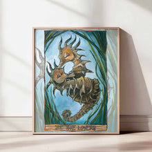 Load image into Gallery viewer, This art print features The Lovers tarot card from the Animism Tarot: two long-snouted seahorses embrace, wrapped around each other, surrounded by seaweed
