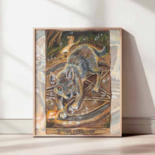 Load image into Gallery viewer, an art print of the magician card from the animism tarot, featuring a coyote surrounded by the four elements.
