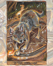 Load image into Gallery viewer, an art print of the magician card from the animism tarot, featuring a coyote surrounded by the four elements.
