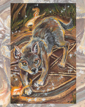Load image into Gallery viewer, an art print of the magician card from the animism tarot, featuring a coyote surrounded by the four elements.
