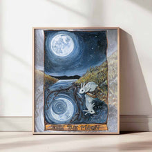 Load image into Gallery viewer, an art print of The Moon tarot card, shows an illustration of a white rabbit looking down at the water with a full moon above, and a crescent moon in the reflection
