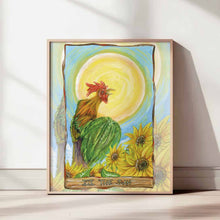 Load image into Gallery viewer, This art print features The Sun tarot card from the Animism Tarot: a beautiful rooster stands tall, crowing, as the sun shines from above and sunflowers grow below
