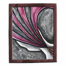 Load image into Gallery viewer, an art print featuring an abstract illustration. a view of the back of a figure's head, streams of dark red concentrating at the neck, and bursting from the head, representing mental &amp; chronic pain. 
