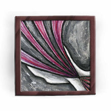 Load image into Gallery viewer, an art print featuring an abstract illustration. a view of the back of a figure's head, streams of dark red concentrating at the neck, and bursting from the head, representing mental &amp; chronic pain. 
