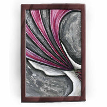 Load image into Gallery viewer, an art print featuring an abstract illustration. a view of the back of a figure's head, streams of dark red concentrating at the neck, and bursting from the head, representing mental &amp; chronic pain. 
