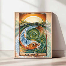 Load image into Gallery viewer, This art print features The World tarot card, from The Animism Tarot: a beautiful koi fish swims in a circle, in the green waters of a rocky pond as the sun sets.

