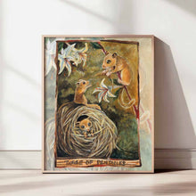 Load image into Gallery viewer, An art print of the Three of Pentacles card from the Animism Tarot. It shows a family of dormouse, surrounded by honeysuckle flowers, working together to build a nest.
