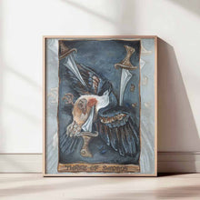 Load image into Gallery viewer, This art print features the Three of Swords tarot card from the Animism Tarot: a bleeding heart dove lies on the ground, defeated, as one sword pierces through its chest, one through its wing, and one stands near its head
