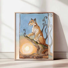 Load image into Gallery viewer, the three of wands from the animism tarot deck: a cougar sits off to of a cliff and looks out into the distance.
