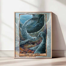 Load image into Gallery viewer, This art print features the Two of Cups tarot card from the Animism Tarot: two curious seal have their first encounter, deep in a cave in the ocean.
