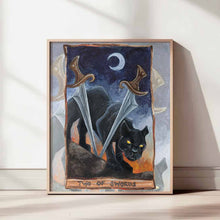 Load image into Gallery viewer, This art print features the Two of Swords card from the Animism Tarot: a black panther is blind, seemingly trapped behind two swords. The crescent moon sits high in the sky as the sunlight starts to rise
