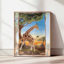 Load image into Gallery viewer, This art print features the Two of Wands card from the Animism Tarot: a giraffe stands near a tree, looking over its home. The sun rises in the distance near a second tree
