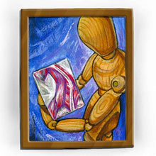 Load image into Gallery viewer, This illustration shows a wood mannequin holding a painting of a human's muscular system
